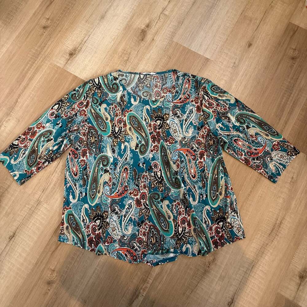 Exclusive One Plus Size 2X Blue Paisley Print Embellished 3/4 Sleeve Blouse